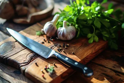 Chef Knife and Garlic on Wooden Cutting Board