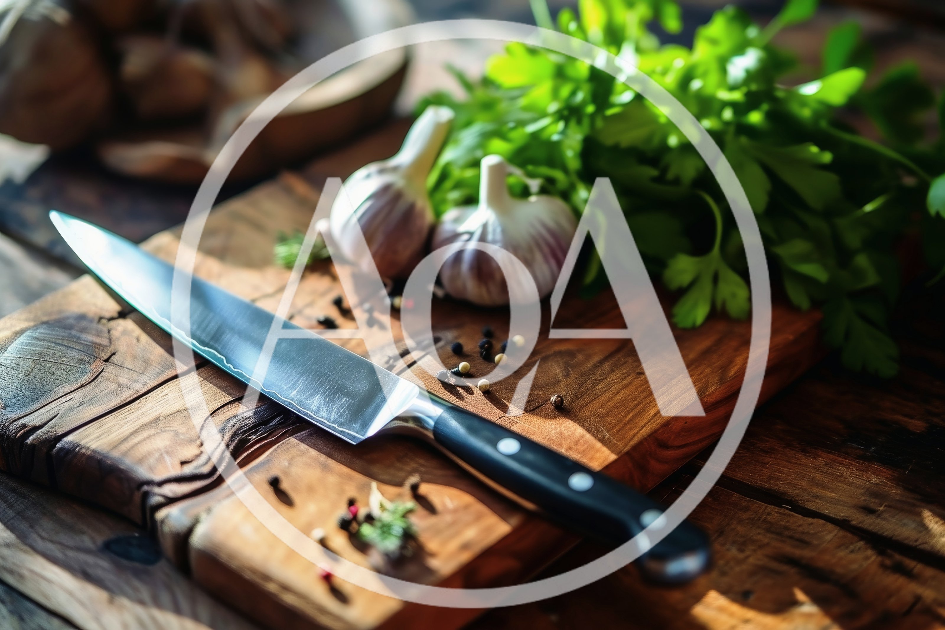 Chef Knife and Garlic on Wooden Cutting Board