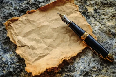 Fountain Pen Resting On Crumpled Parchment Paper