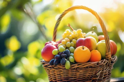 Wicker Basket Filled With Fresh Assorted Fruits