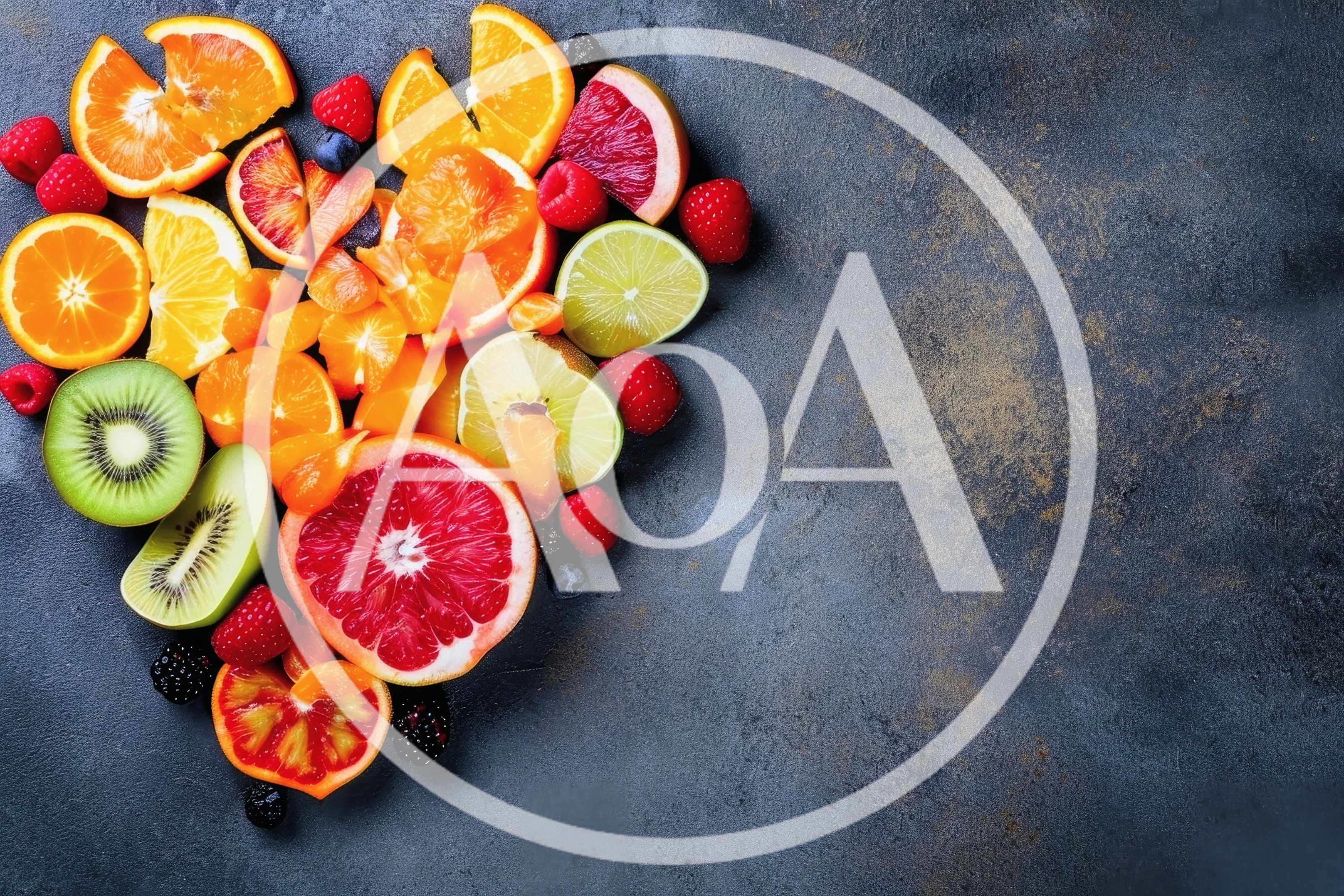 Assorted Fresh Citrus Fruits and Berries on Dark Background