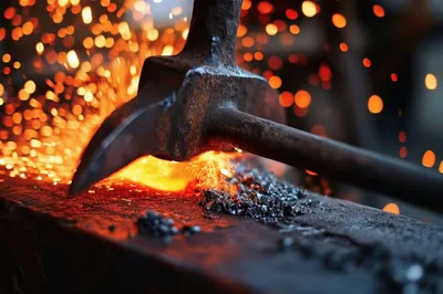 Blacksmith Hammering Glowing Metal On An Anvil