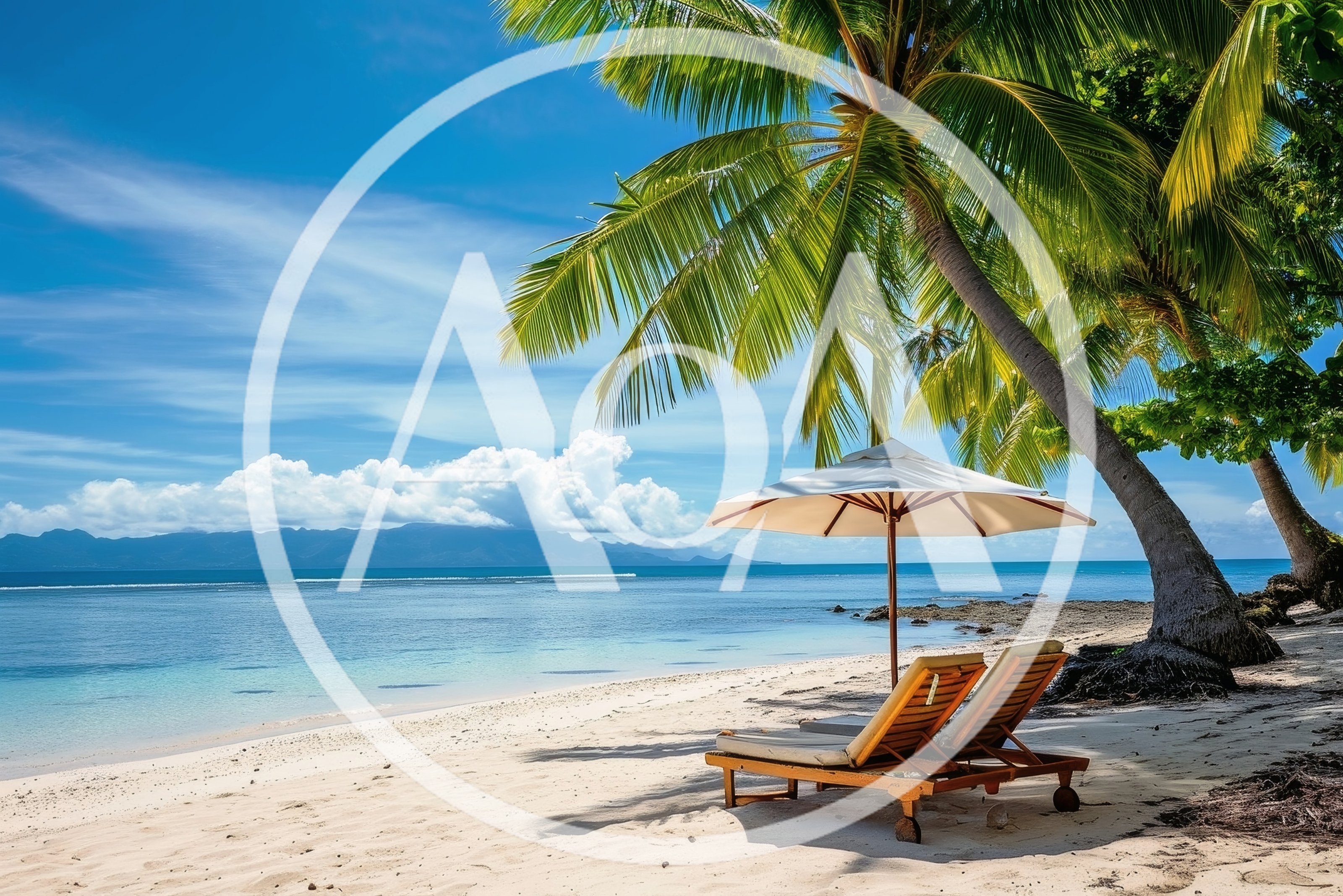 Two Empty Wooden Beach Chairs Under A Palm Tree