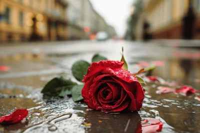 Single Red Rose Lying On Wet City Street