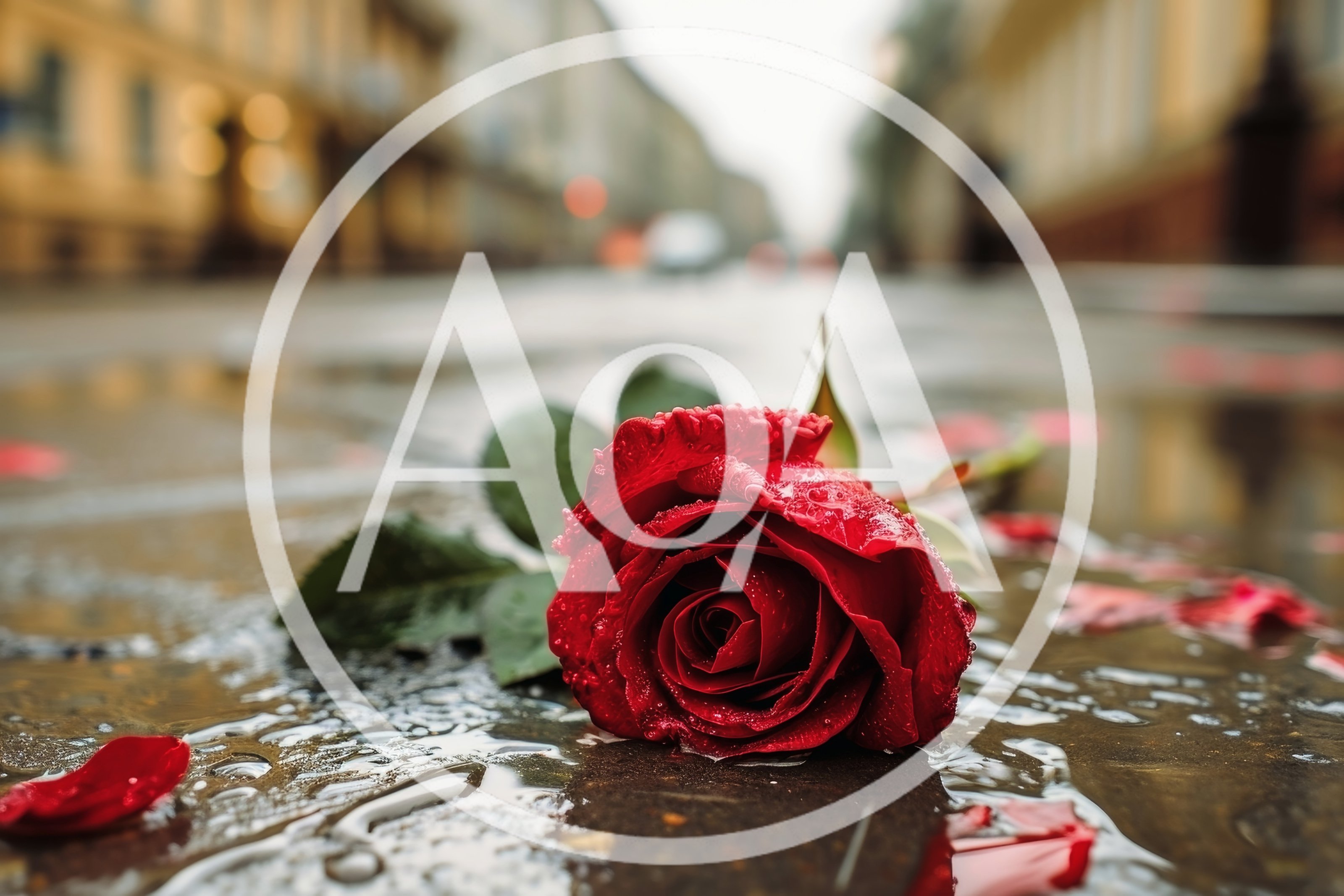 Single Red Rose Lying On Wet City Street