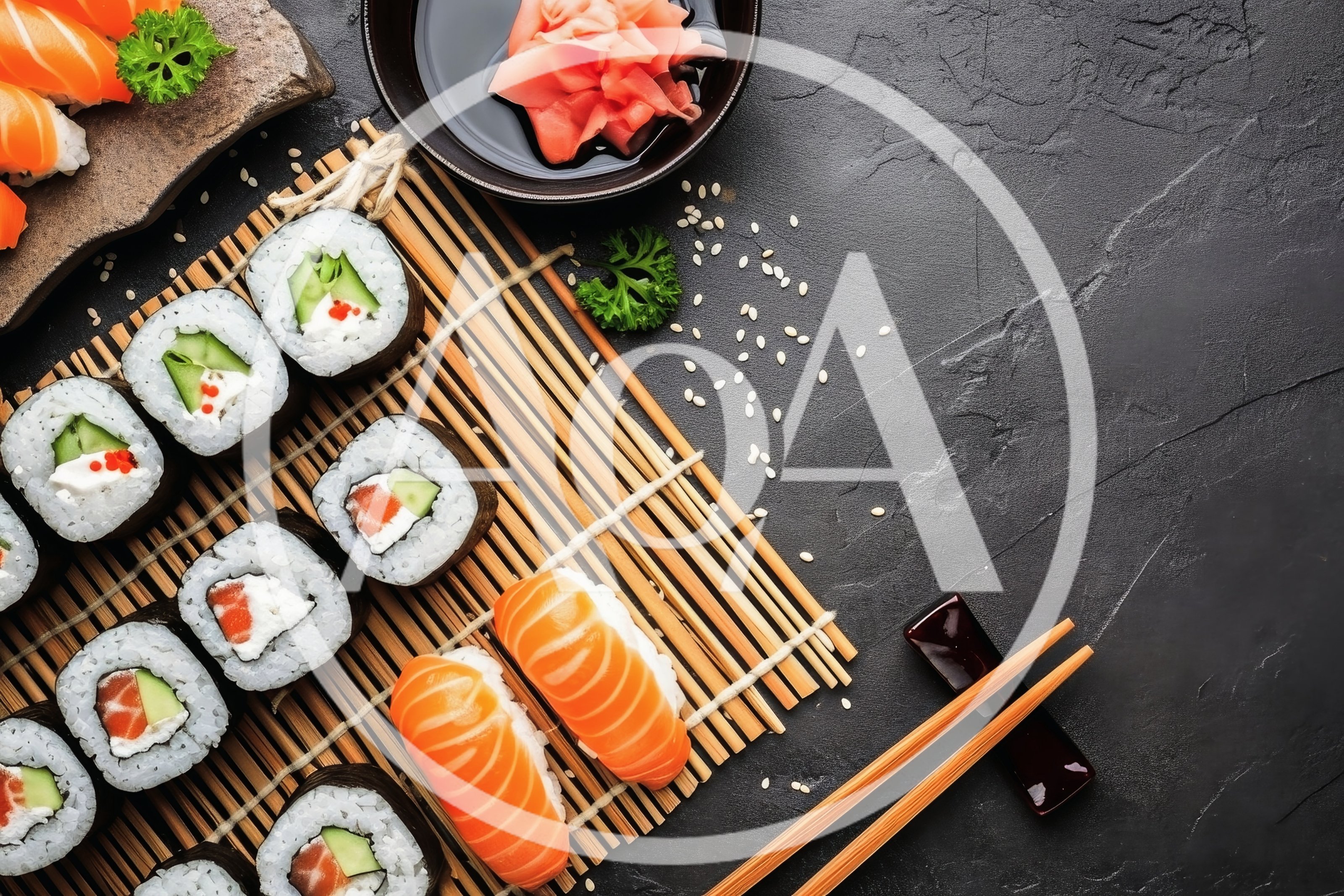 Top View Of Sushi Rolls And Nigiri On Bamboo Mat