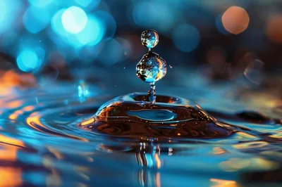 Macro Water Drop Collision With Blue And Orange Bokeh
