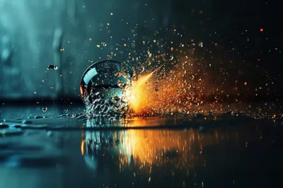 Glass Sphere Impacting Liquid Surface With Golden Sparks
