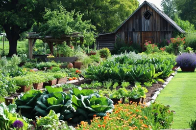 Lush Vegetable Garden With Rustic Wooden Barn