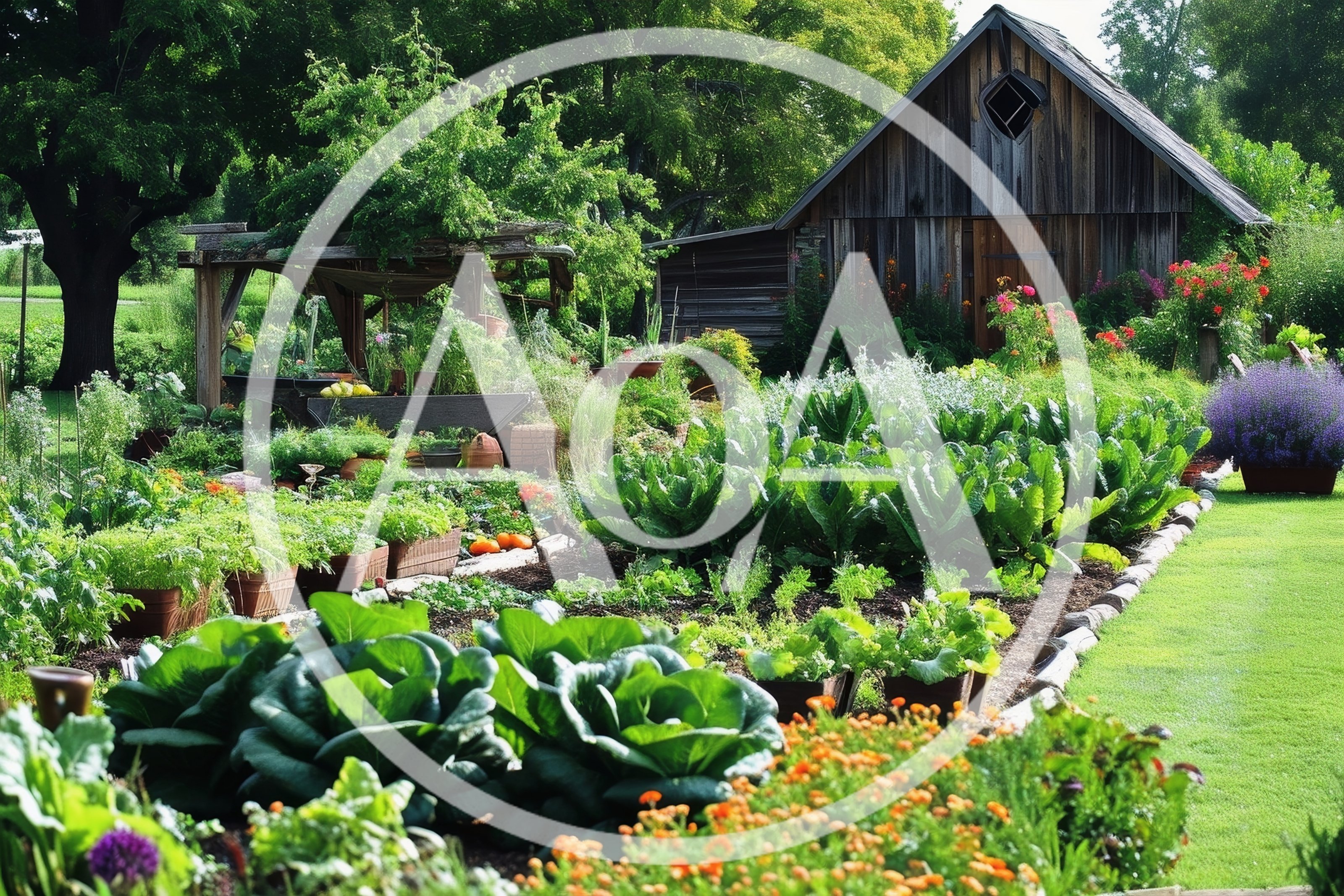 Lush Vegetable Garden With Rustic Wooden Barn