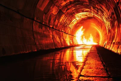 Intense Fire Burning Inside A Concrete Tunnel