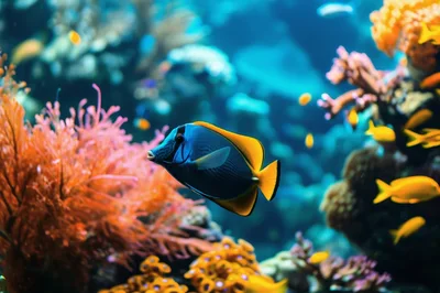 Powder Blue Tang Swimming Among Vibrant Coral Reef