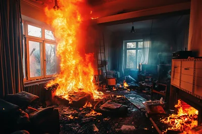 Living Room Interior Engulfed In Intense House Fire