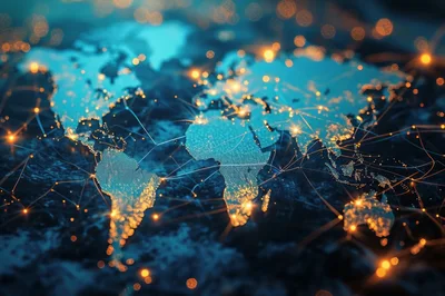 Digital Global Network Map With Glowing Data Connections