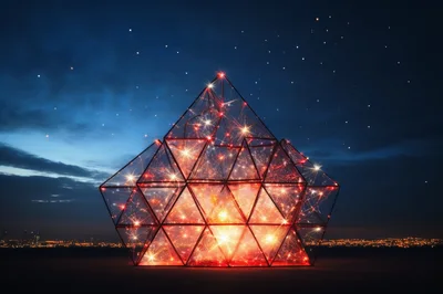 Geometric Glass Pyramid With Glowing Internal Fireworks