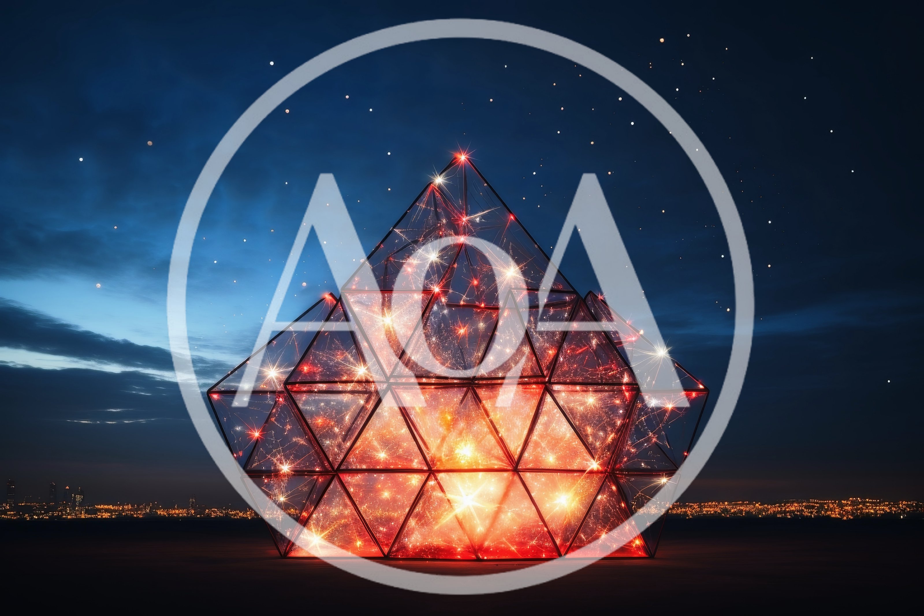 Geometric Glass Pyramid With Glowing Internal Fireworks