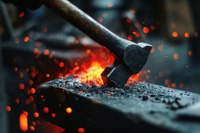 Blacksmith Hammering Glowing Hot Metal On An Anvil
