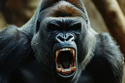Aggressive Silverback Gorilla Roaring With Mouth Open