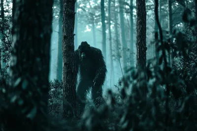 Bigfoot Standing Behind A Tree In A Misty Forest