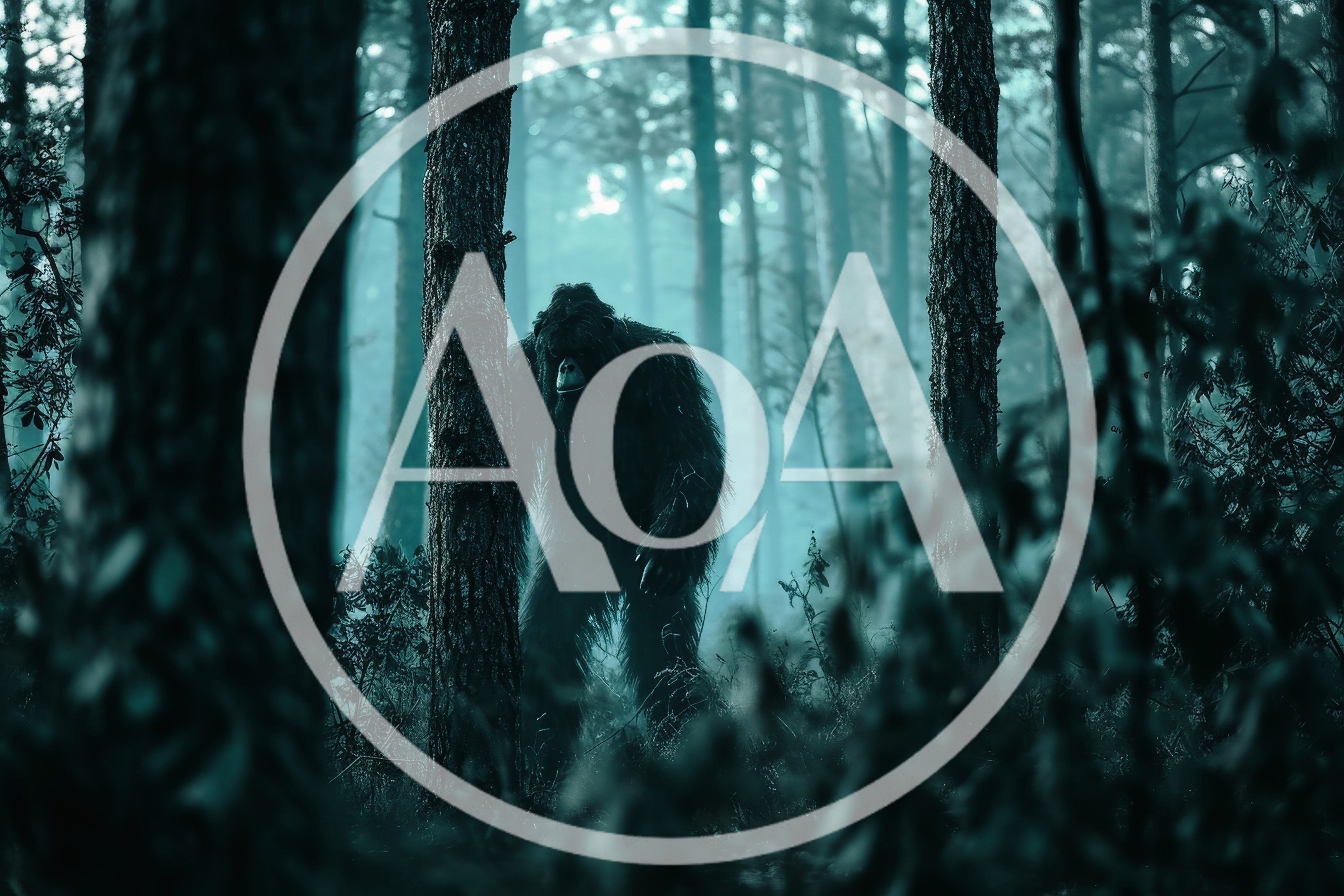 Bigfoot Standing Behind A Tree In A Misty Forest