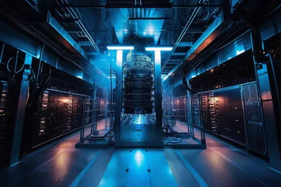 Futuristic Quantum Computing Server Room Interior