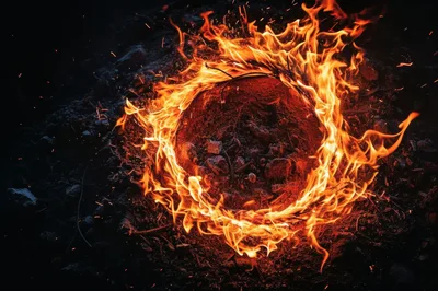 Circular Ring Of Fire Burning On Dark Ground