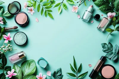 Flat Lay Cosmetics Arrangement With Flowers And Green Leaves
