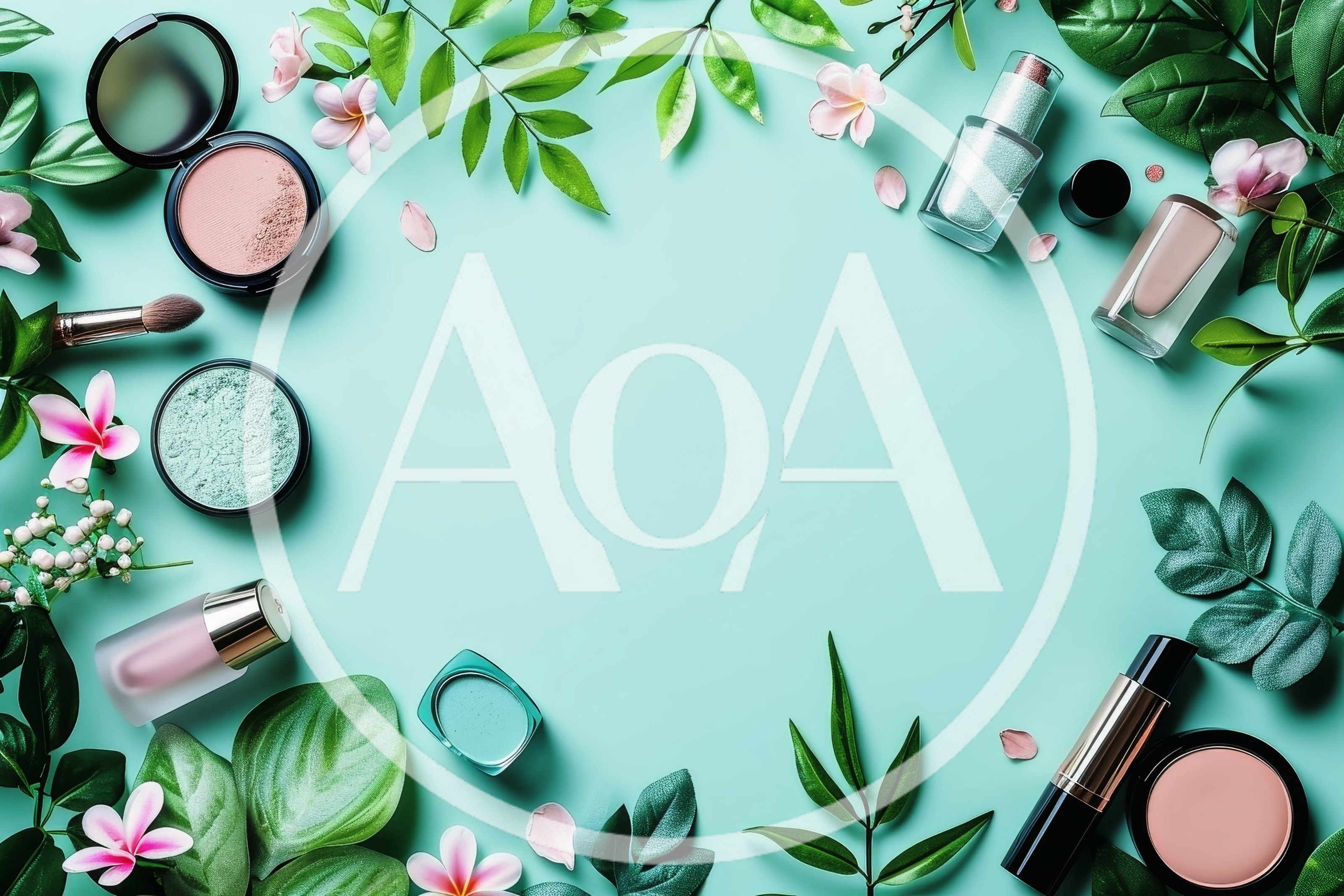 Flat Lay Cosmetics Arrangement With Flowers And Green Leaves