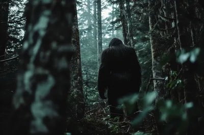 Bigfoot Standing In A Dark Misty Forest