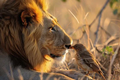 Lion And Small Bird Nuzzling In Golden Sunlight
