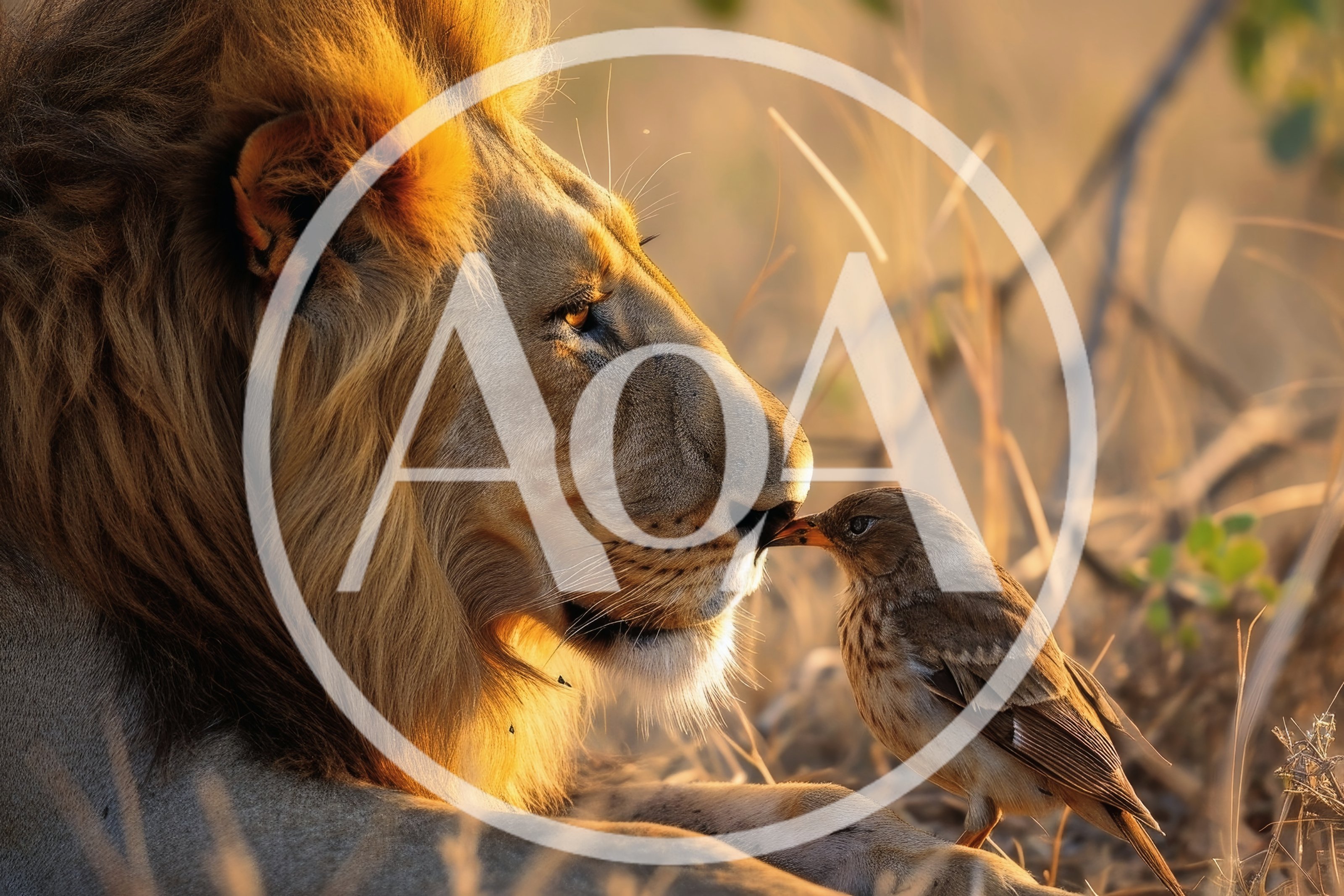 Lion And Small Bird Nuzzling In Golden Sunlight