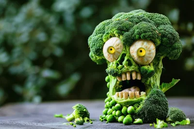 Broccoli Vegetable Monster Sculpture With Pea Texture