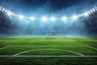 Empty Professional Soccer Stadium Under Bright Floodlights
