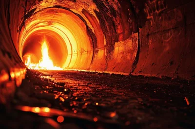 Intense Fire Burning Inside A Dark Concrete Tunnel