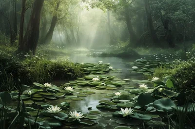 Serene Forest Stream With Blooming White Water Lilies