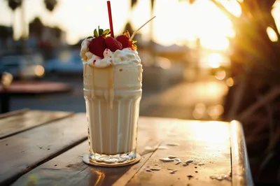 Vanilla Milkshake With Strawberries On A Sunset Terrace