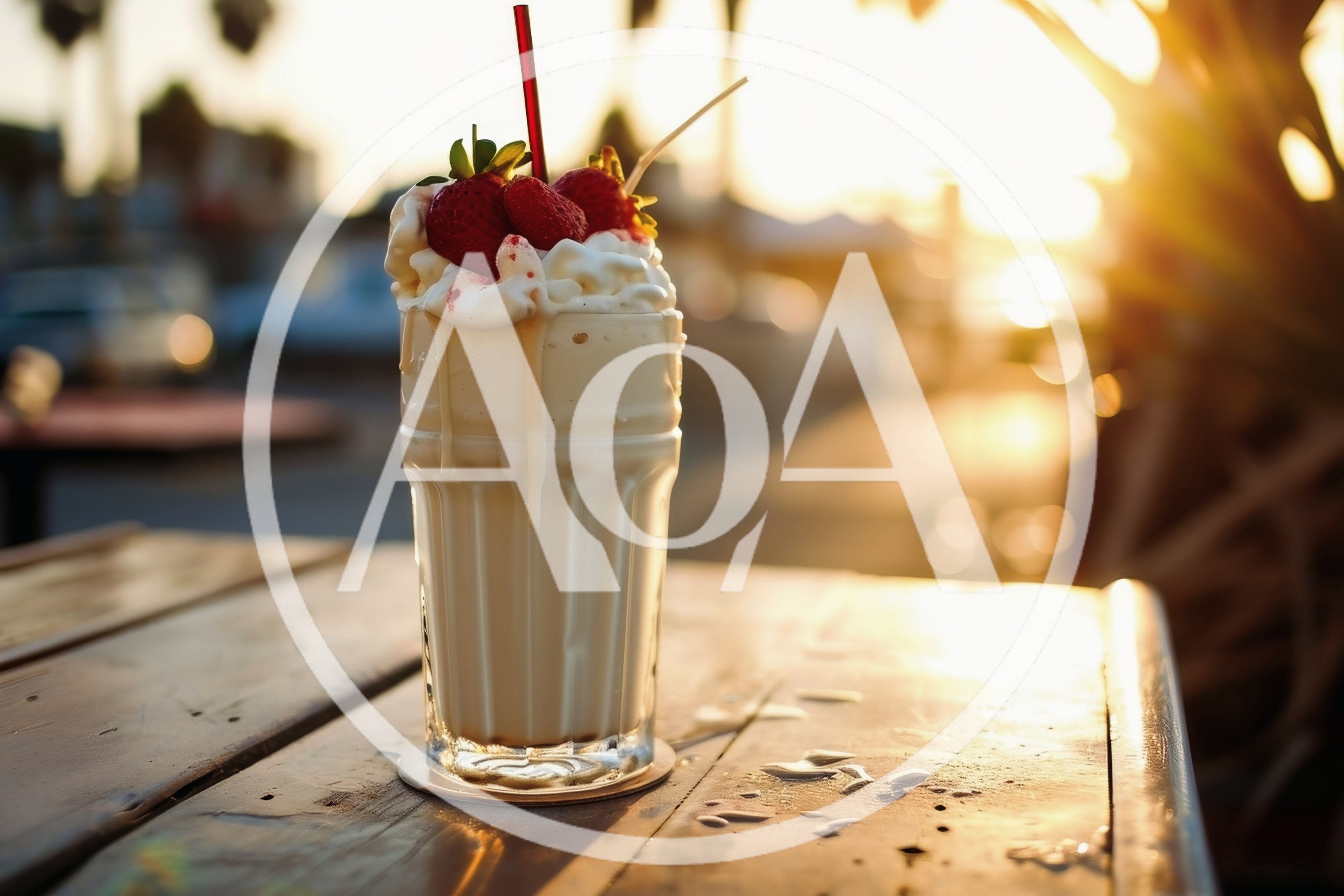 Vanilla Milkshake With Strawberries On A Sunset Terrace