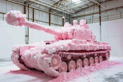 Pink Cotton Candy Covered Military Tank Sculpture