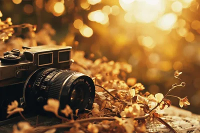 Vintage Film Camera Resting Among Dried Autumn Flowers