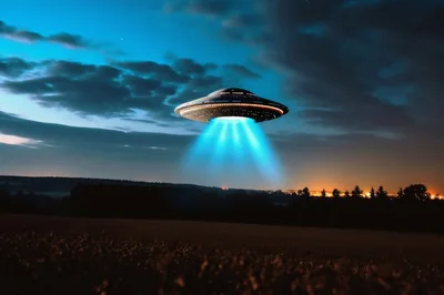 UFO Hovering Over A Dark Rural Landscape At Night
