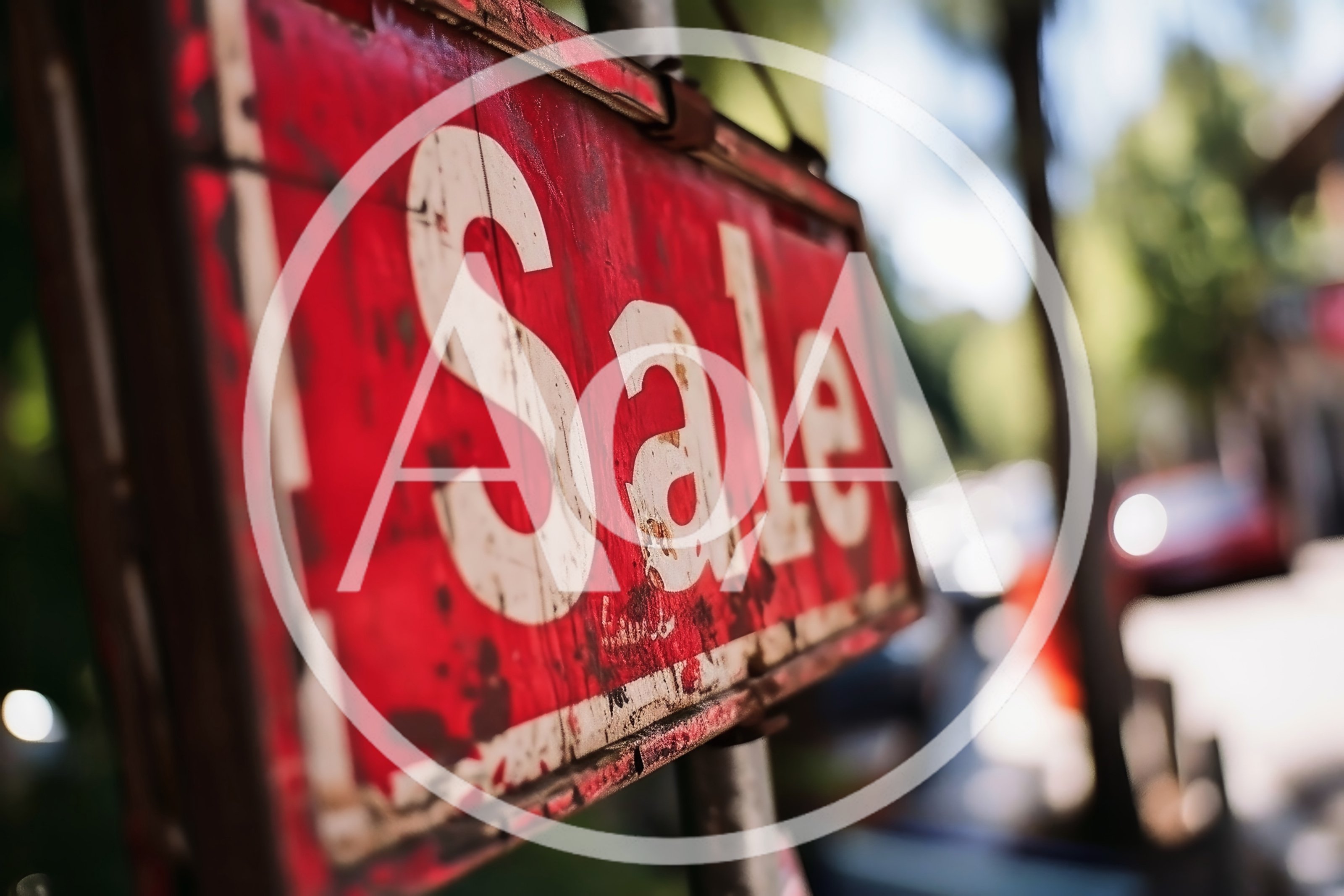 Weathered Red Sale Sign Hanging Outdoors