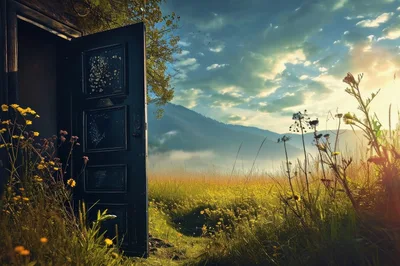 Open Doorway Leading To A Misty Mountain Meadow