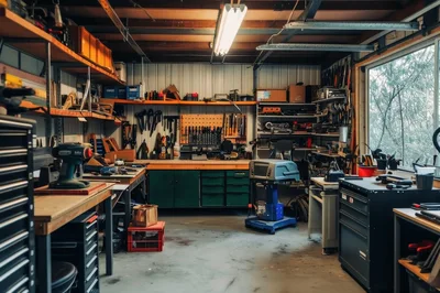 Organized Workshop Interior With Workbench And Tools