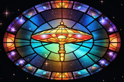Stained Glass Window Featuring A Futuristic Space Station
