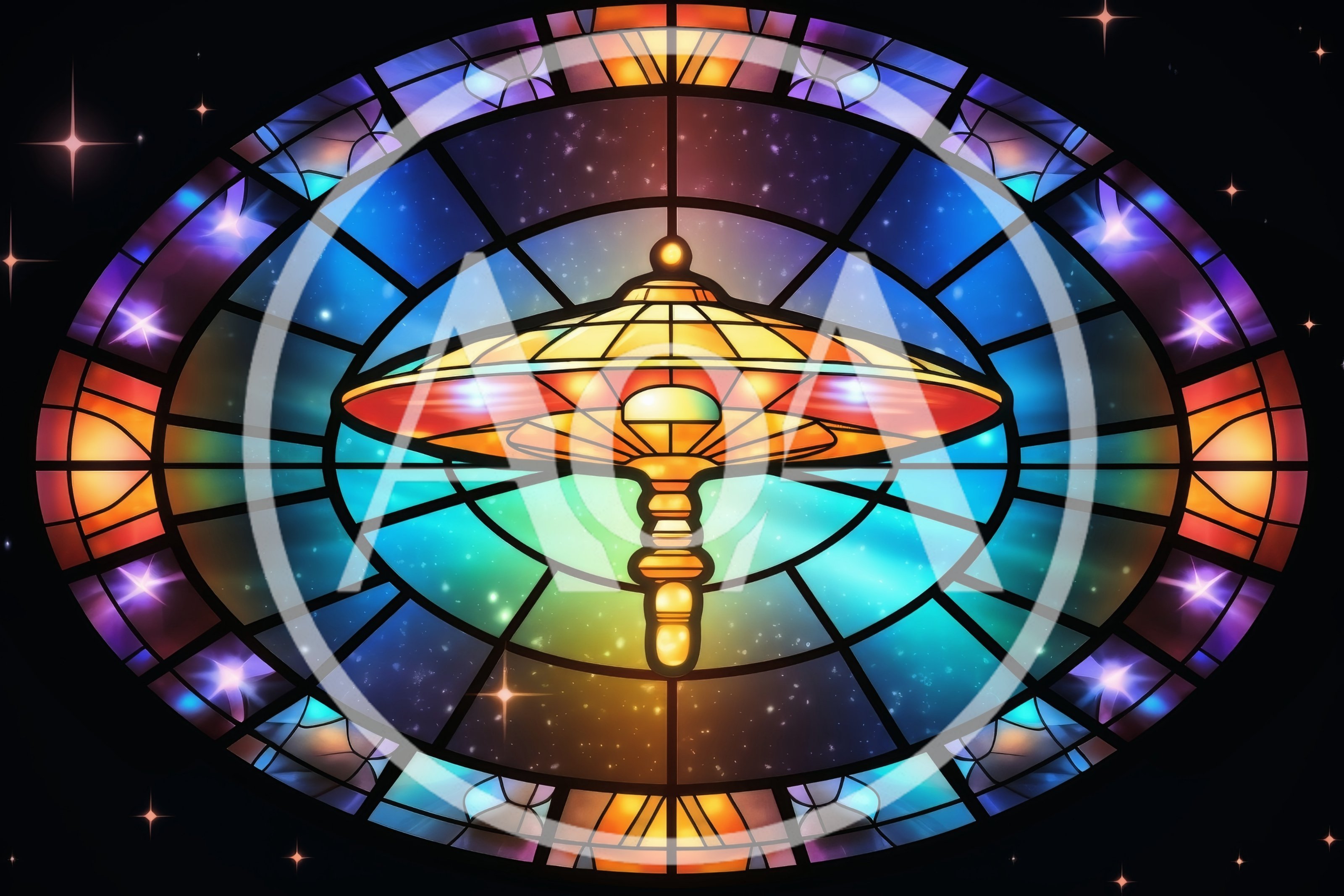 Stained Glass Window Featuring A Futuristic Space Station