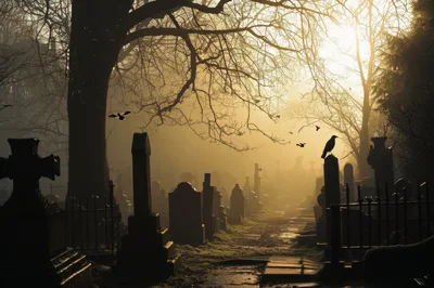 Misty Graveyard Scene With Silhouetted Tombstones And Birds