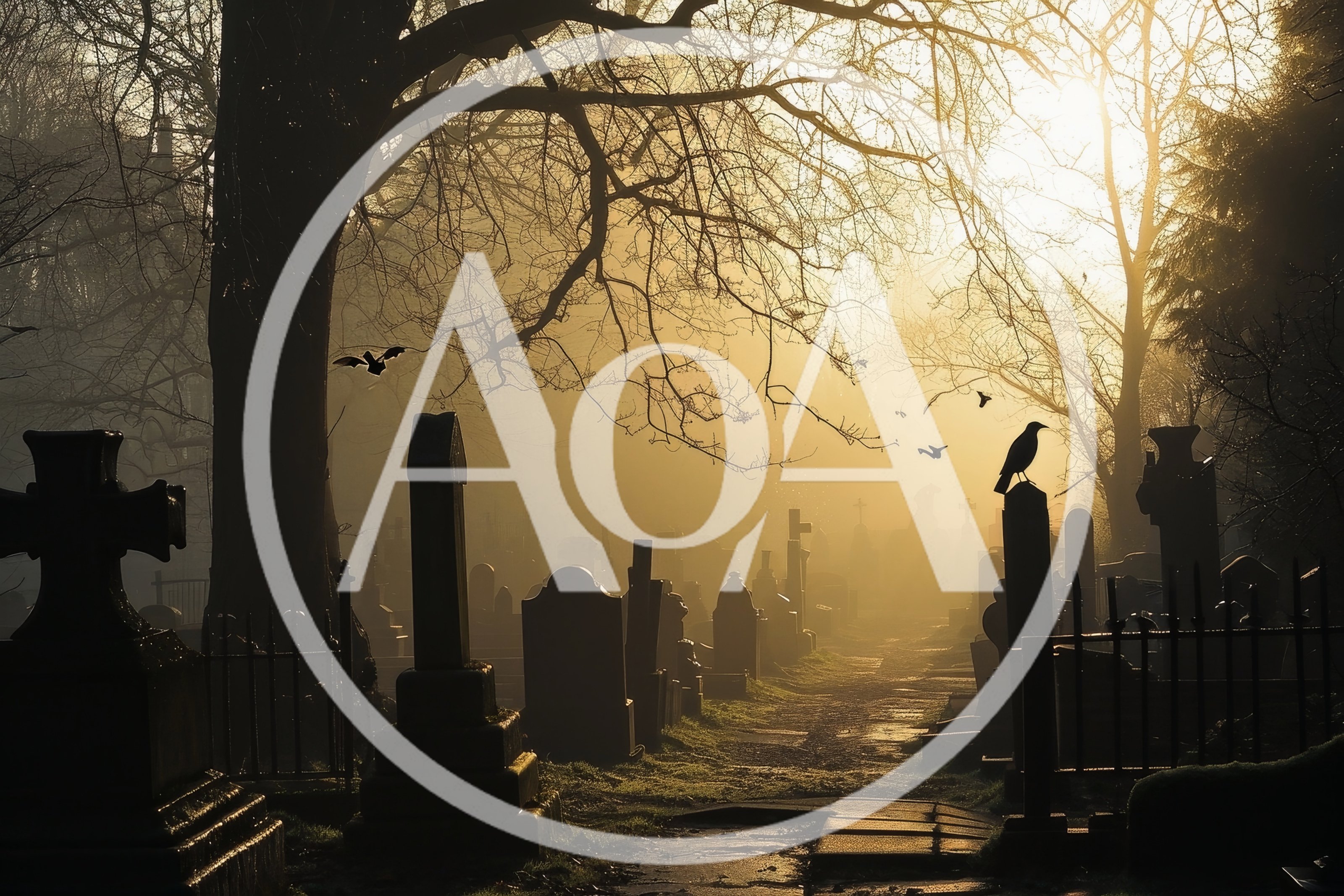 Misty Graveyard Scene With Silhouetted Tombstones And Birds