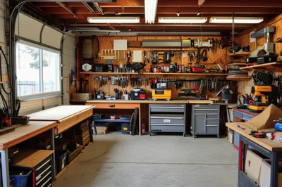 Organized Workshop With Tools And Workbench In Garage