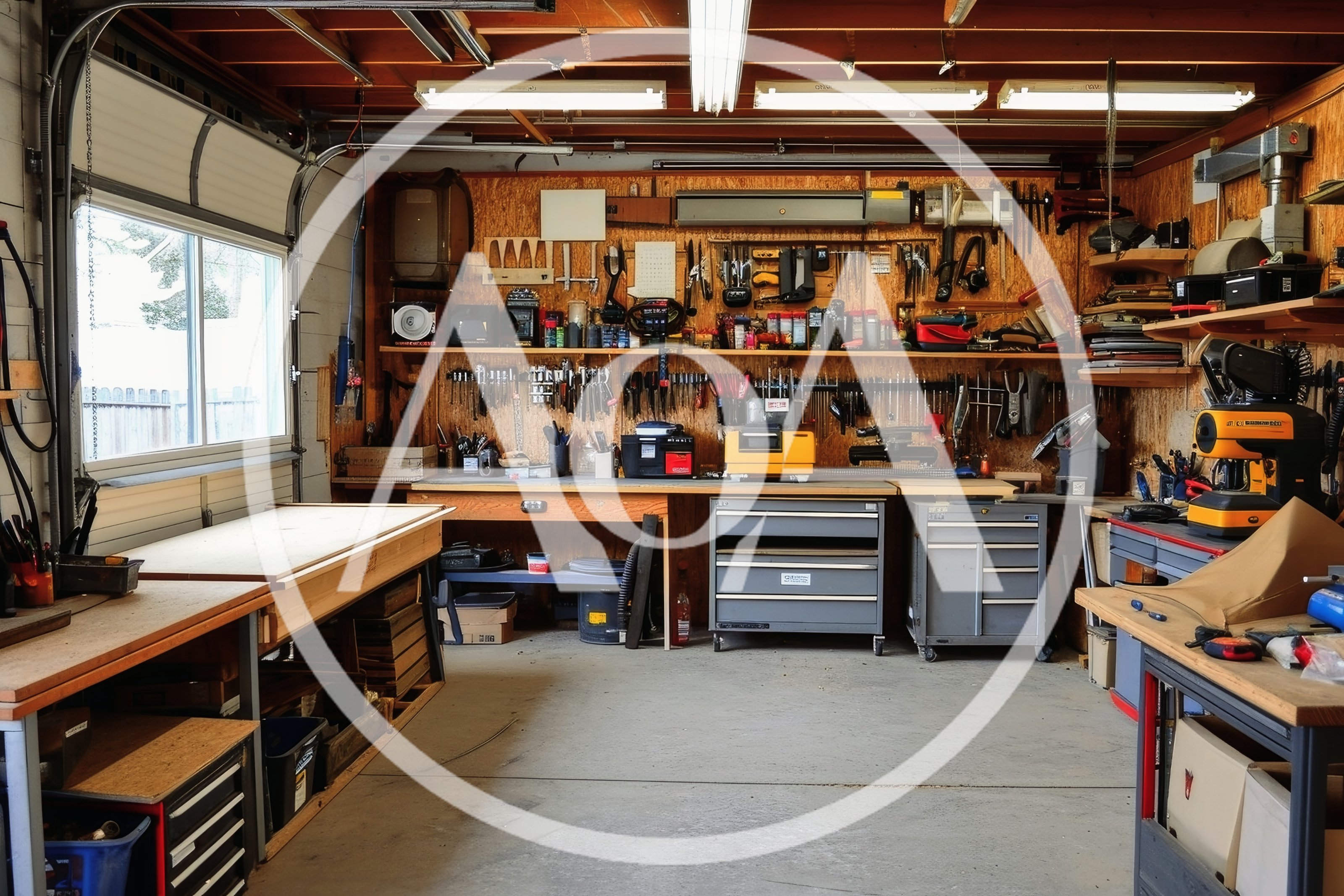 Organized Workshop With Tools And Workbench In Garage