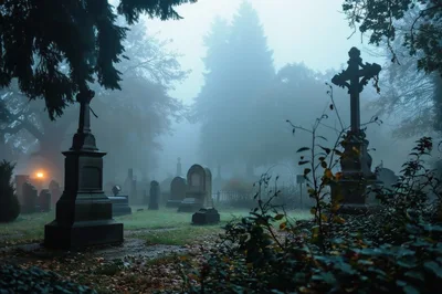 Misty Graveyard With Ancient Stone Monuments At Twilight